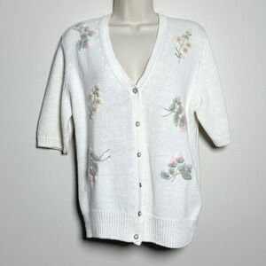 Marquise VTG Womens Floral Embroidered Cardigan Sweater M Cream Ramie Cotton